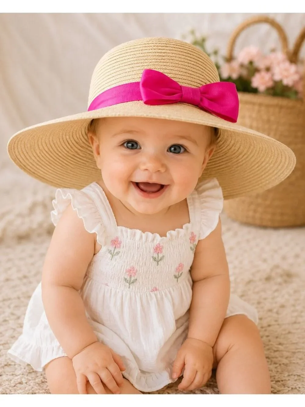 Gymboree 0-6 Months Large Brim Sunhat Bright Pink Bow/Band Baby Girl Summer Beac